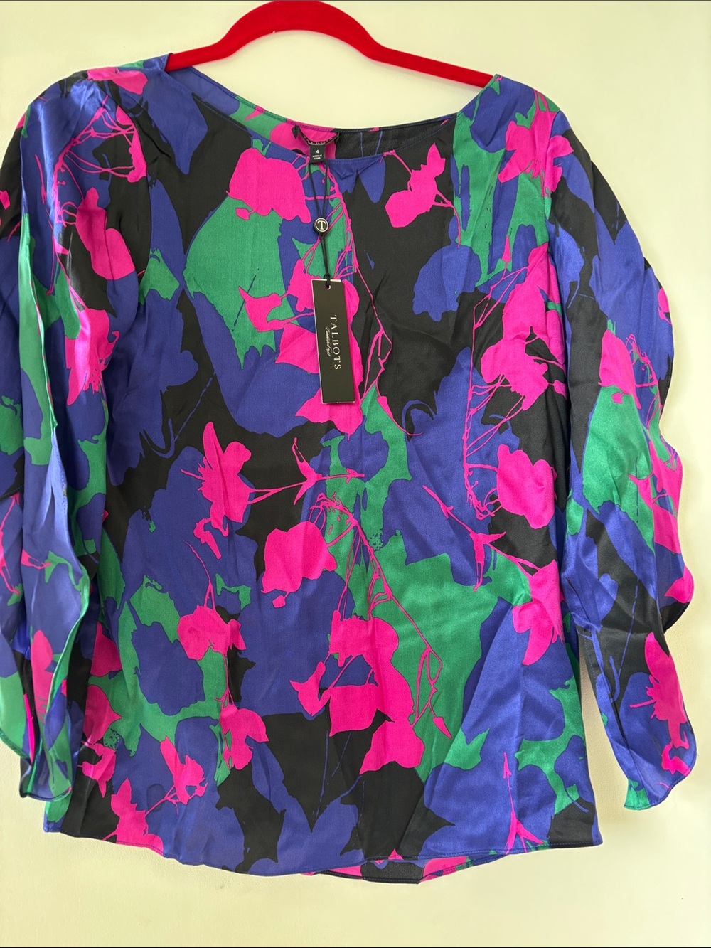 Talbots Bold Floral Long-Sleeve Silk Blouse in Fuchsia, Green & Blue